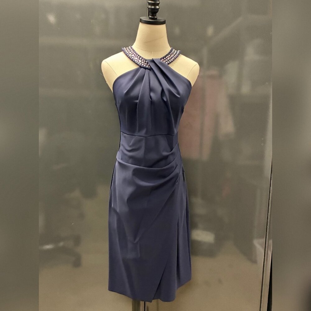 Alex Evenings Navy Embellished Halter Neck Ruched Sheath Dress - Picture 2 of 3